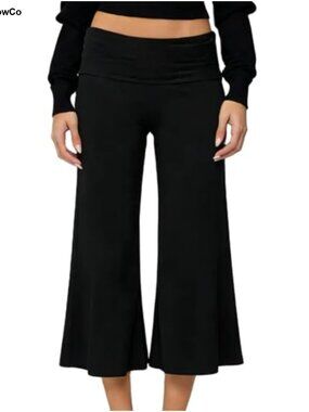 Y2K Fold Over Capri Pants Wide Leg Low Rise Elastic Waist Stretch Yoga Flare